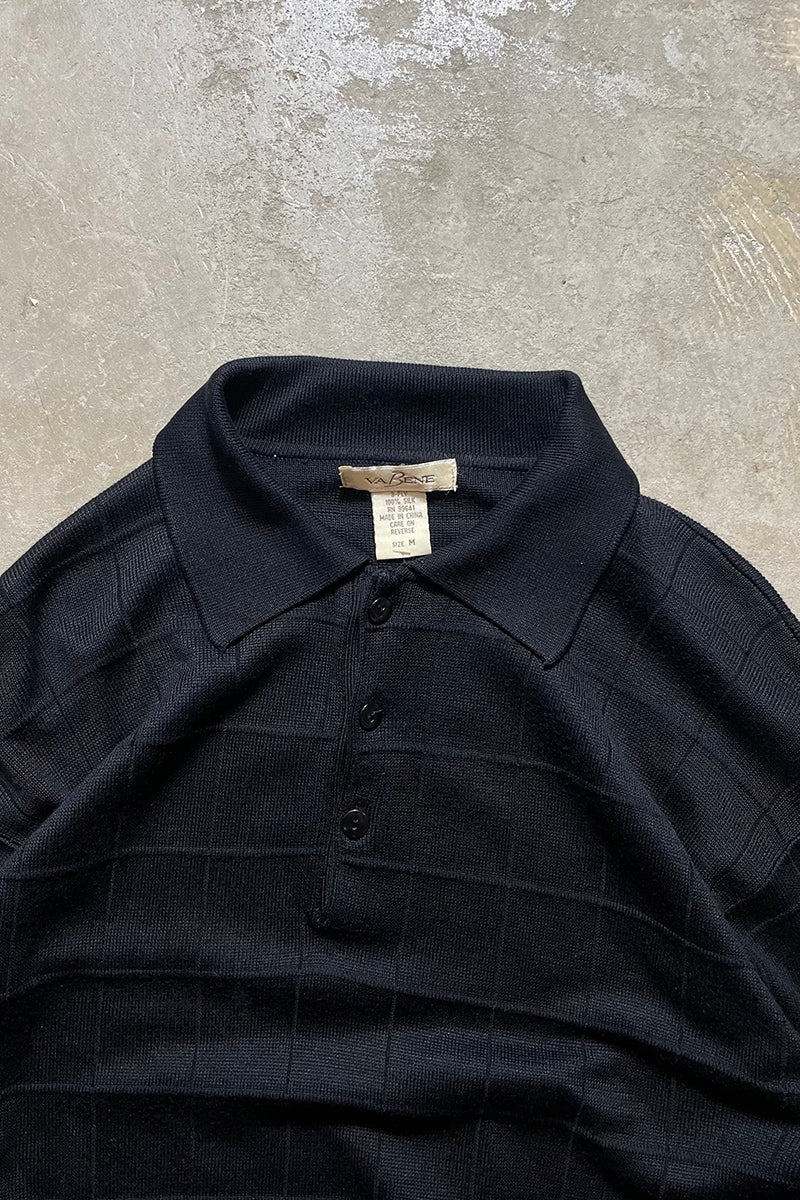 90's Long-Sleeve Checked Design Silk Knit Polo Shirt / Black [SIZE: M USED]