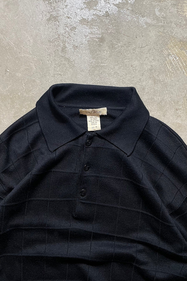 90's Long-Sleeve Checked Design Silk Knit Polo Shirt / Black [SIZE: M USED]