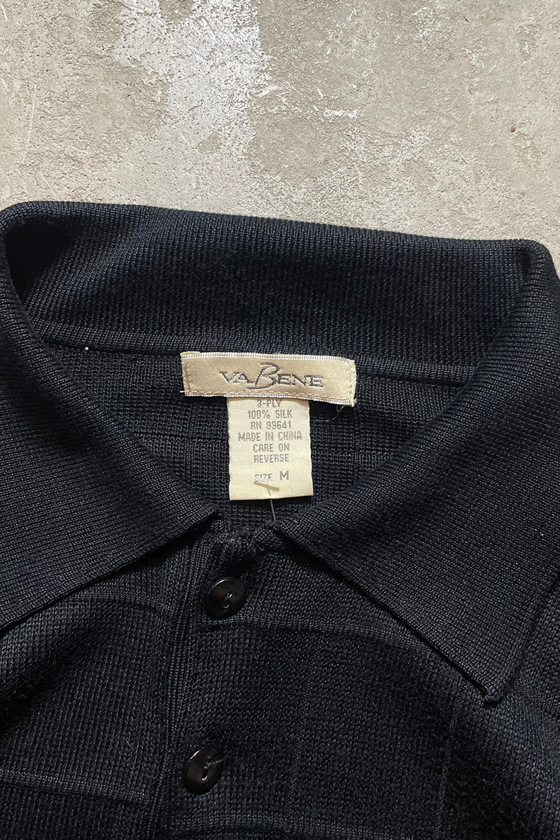 90's Long-Sleeve Checked Design Silk Knit Polo Shirt / Black [SIZE: M USED]