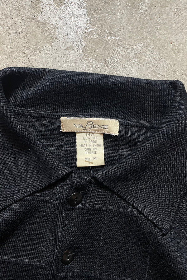 90's Long-Sleeve Checked Design Silk Knit Polo Shirt / Black [SIZE: M USED]