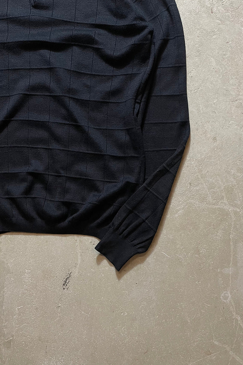 90's Long-Sleeve Checked Design Silk Knit Polo Shirt / Black [SIZE: M USED]