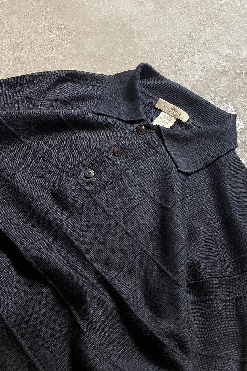 90's Long-Sleeve Checked Design Silk Knit Polo Shirt / Black [SIZE: M USED]