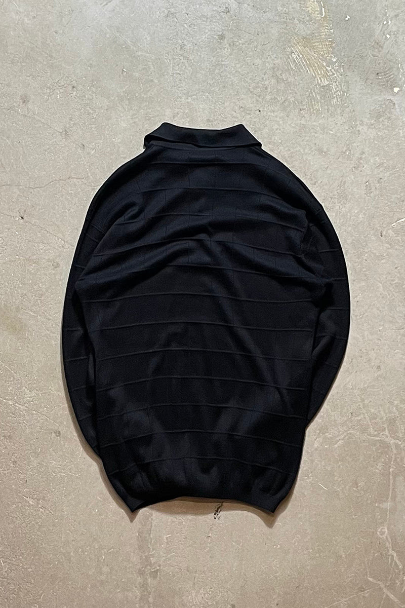 90's Long-Sleeve Checked Design Silk Knit Polo Shirt / Black [SIZE: M USED]