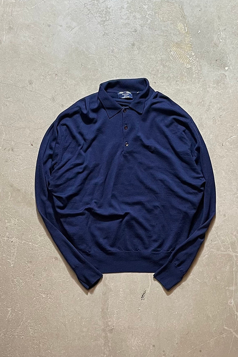 MADE IN ENGLAND 70-80'S L/S KNIT POLO SHIRT / NAVY [SIZE: XL USED]