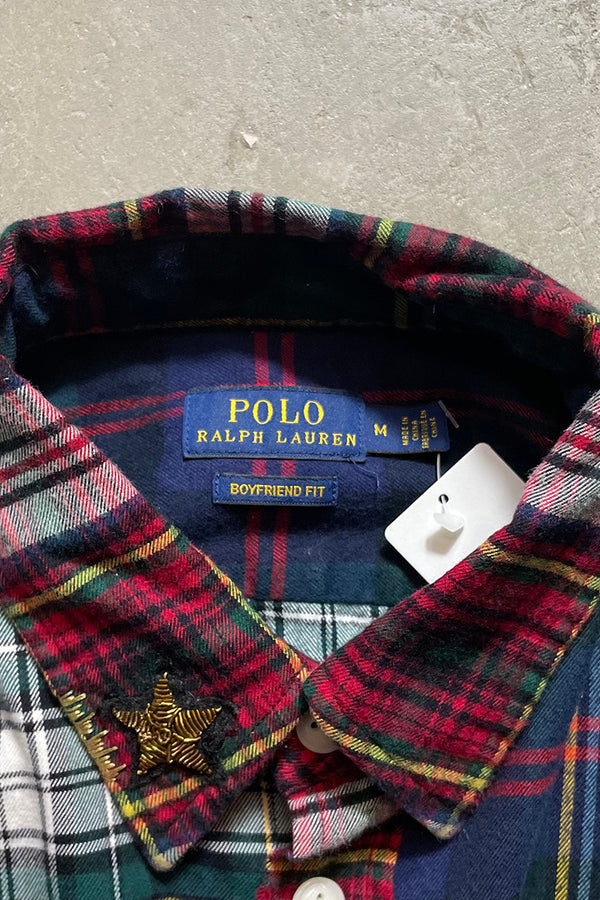 L/S EMBROIDERY DESIGN COTTON FLANNEL CHECK SHIRT / CHECK [SIZE: M USED]
