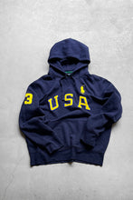 画像をギャラリービューアに読み込む, 90&#39;S EXCLUSIVE OF DECORATION HOODIE SWEATSHIRT / NAVY [SIZE: XL USED]
