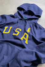 画像をギャラリービューアに読み込む, 90&#39;S EXCLUSIVE OF DECORATION HOODIE SWEATSHIRT / NAVY [SIZE: XL USED]
