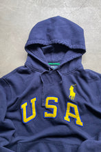 画像をギャラリービューアに読み込む, 90&#39;S EXCLUSIVE OF DECORATION HOODIE SWEATSHIRT / NAVY [SIZE: XL USED]
