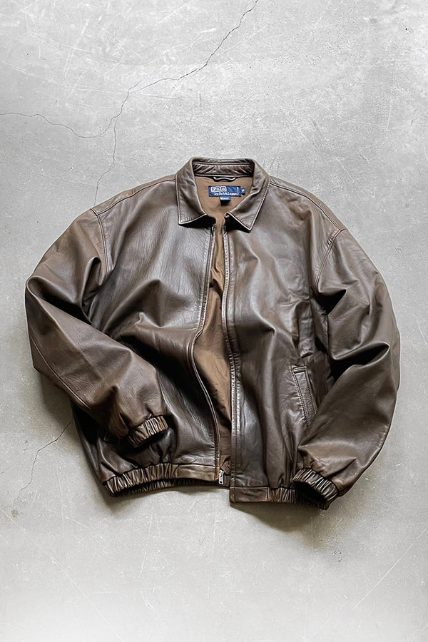 90'S LEATHER ZIP UP JACKET / BROWN [SIZE: M USED]
