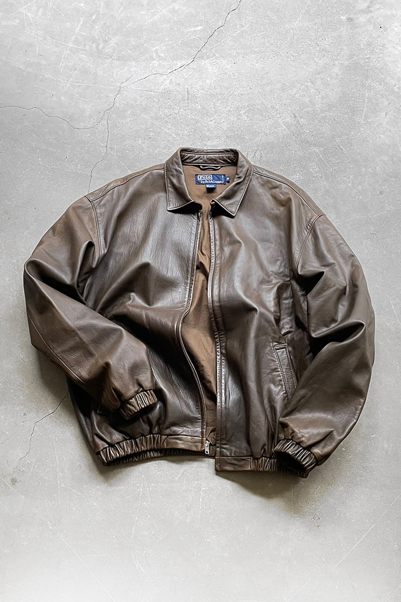 90'S LEATHER ZIP UP JACKET / BROWN [SIZE: M USED]