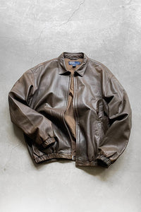 90'S LEATHER ZIP UP JACKET / BROWN [SIZE: M USED]