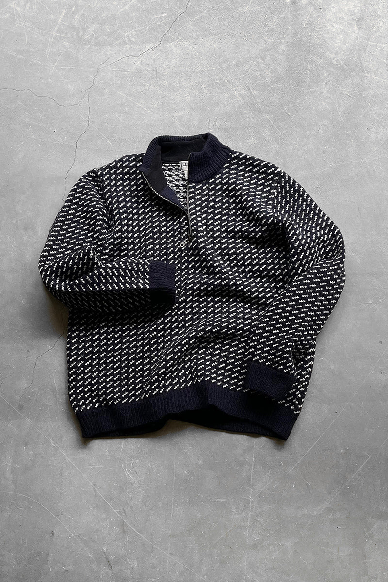 MADE IN NORWAY Y2K EARLY 00'S BIRDS-EYE HALF-ZIP KNIT SWEATER / NAVY	[SIZE: XL [Japanese Exclusive Model] USED]
