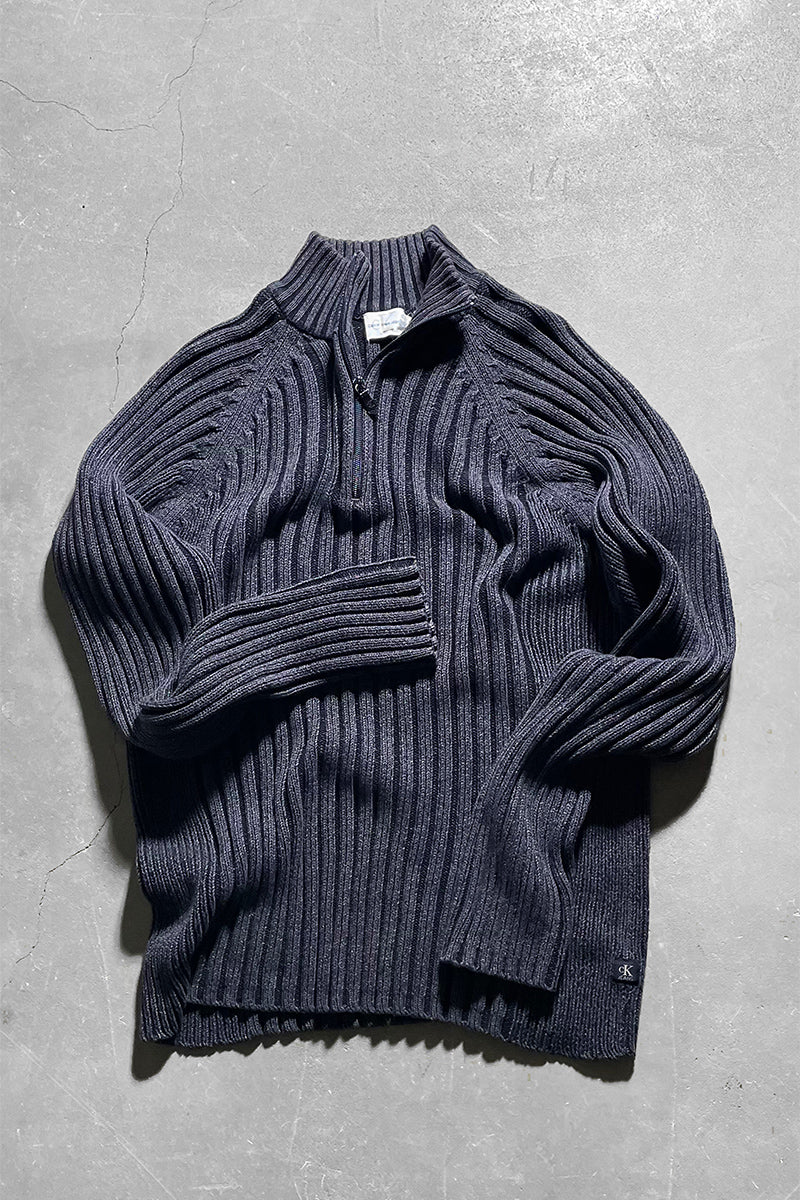 Y2K EARLY 00'S HALF-ZIP KNIT SWEATER  / GRAY [SIZE: M USED]