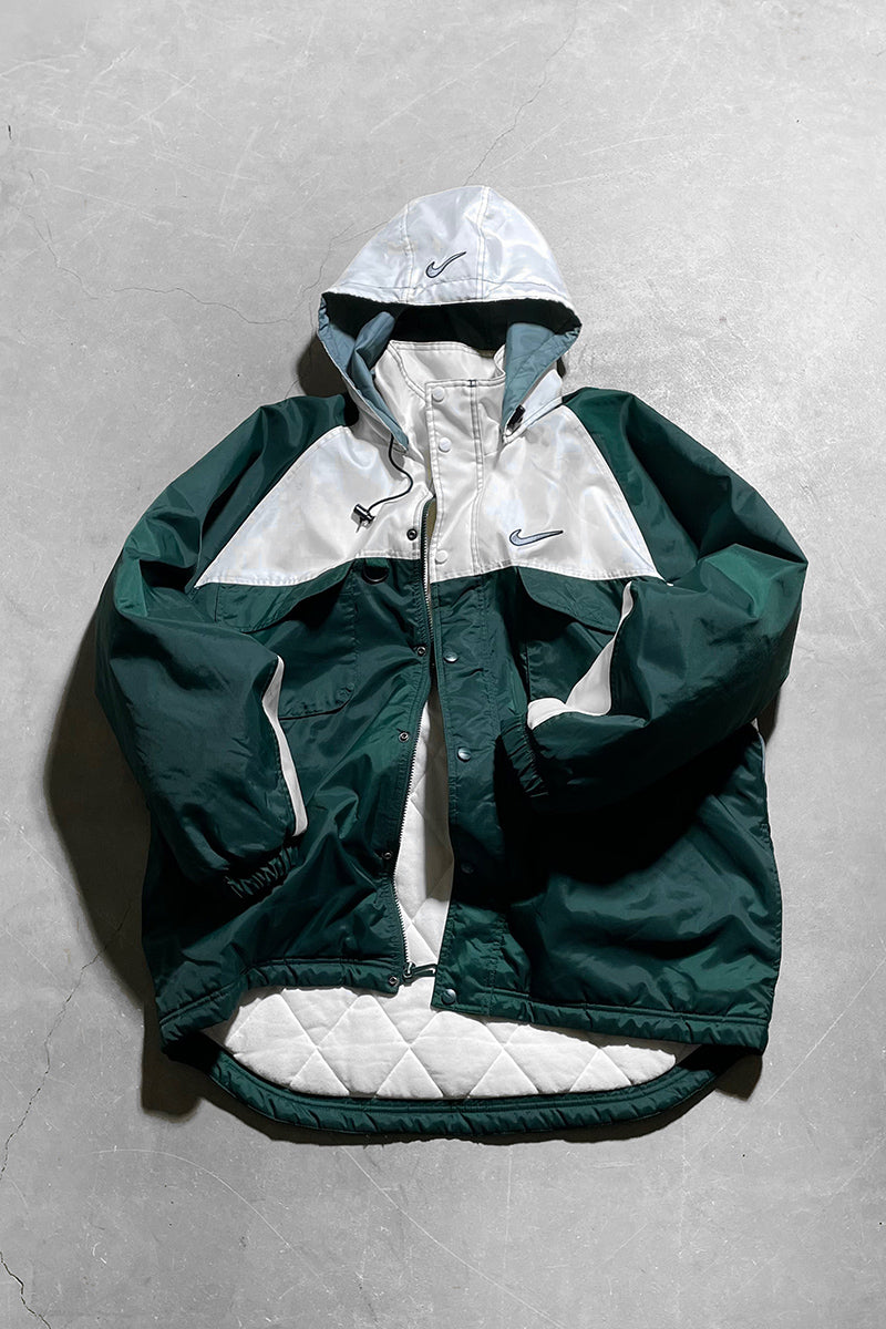 90'S NYLON HOODIE PUFF JACKET / GREEN [SIZE: M USED]