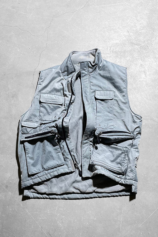 Y2K EARLY 00'S NYLON CARGO VEST W/FLEECE LINER / GRAY [SIZE: M USED]