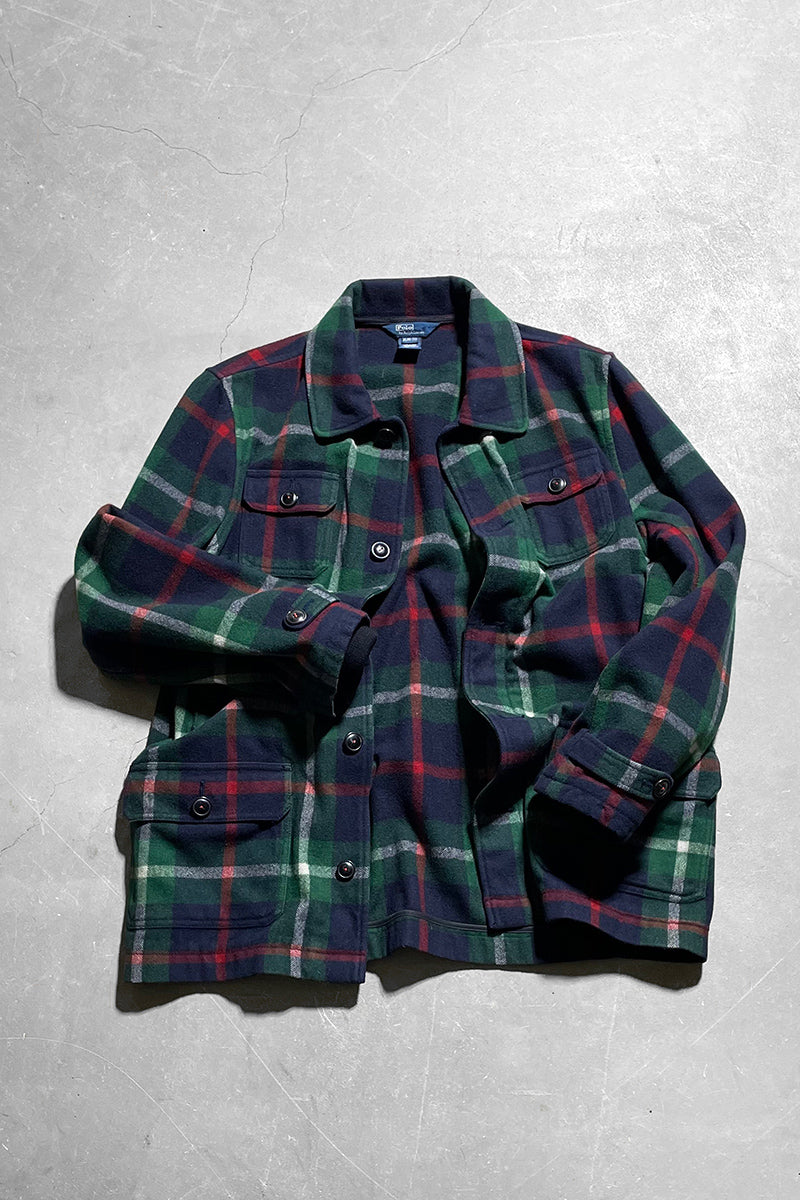 80'S WOOL CHECK JACKET / GREEN [SIZE: M USED]