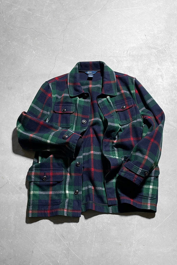80'S WOOL CHECK JACKET / GREEN [SIZE: M USED]