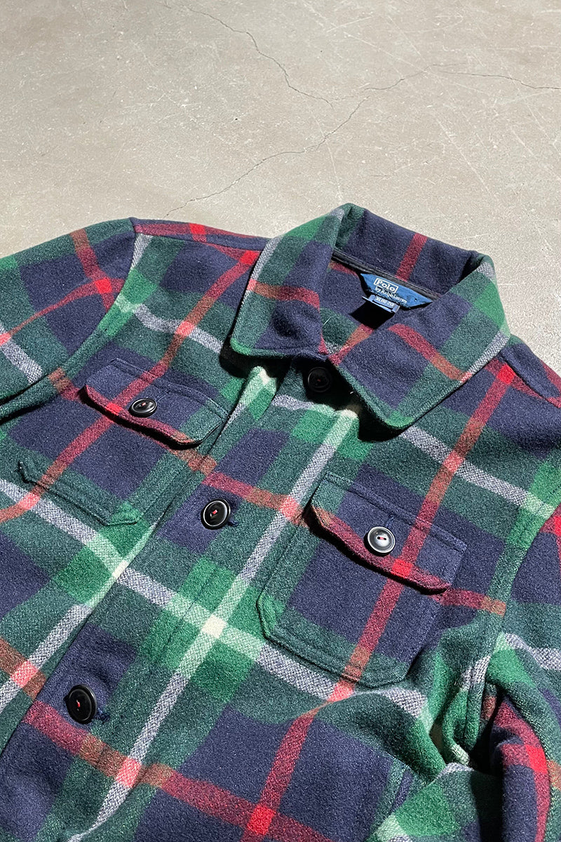 80'S WOOL CHECK JACKET / GREEN [SIZE: M USED]