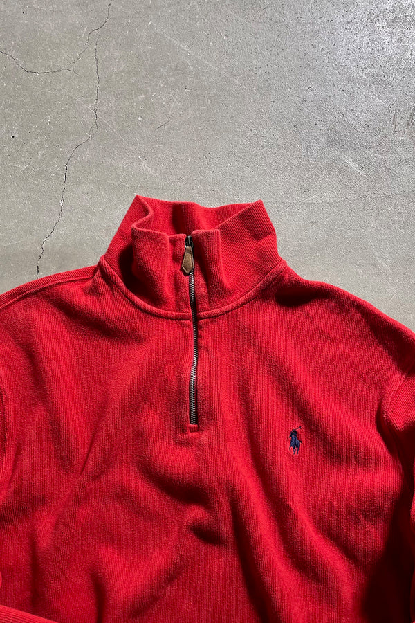 90'S EXCLUSIVE DECORATION HALF ZIP KNIT SWEATER / RED [SIZE: L USED]