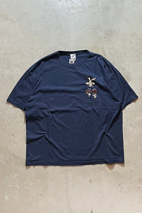 Y2K EARLY 00'S LOONEY TUNES WILE E COYOTE POCKET T-SHIRT / NAVY [SIZE: 2XL USED]