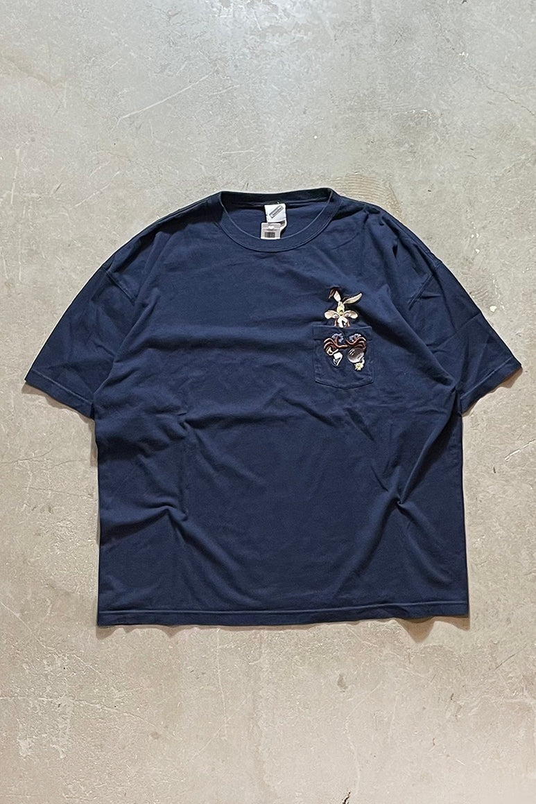 Y2K EARLY 00'S LOONEY TUNES WILE E COYOTE POKET T-SHIRT / NAVY [SIZE: 2XL USED]