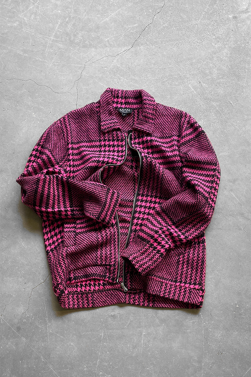 MADE IN ITALY GREN CHECK CRAZY PATTERN WOOL ZIP JACKET / NEON PINK/BLACK [SIZE: M DEADSTOCK/NOS]