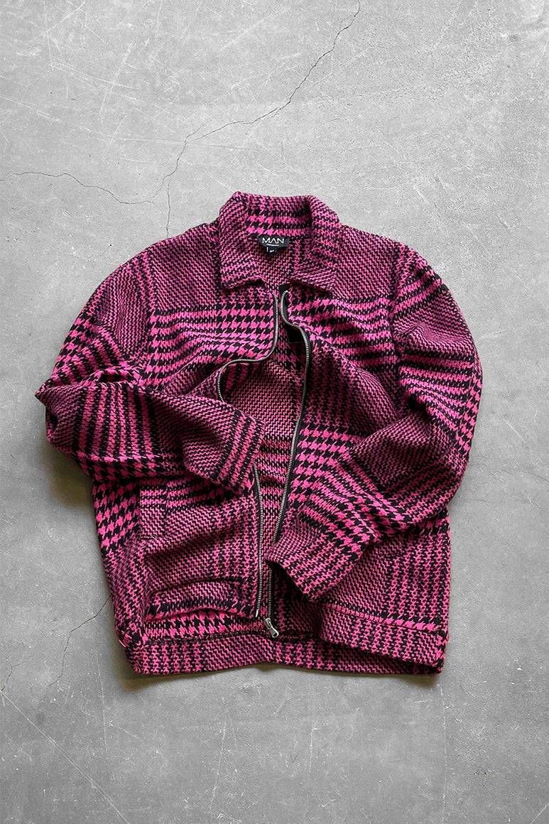 MADE IN ITALY GREN CHECK CRAZY PATTERN WOOL ZIP JACKET / NEON PINK/BLACK [SIZE: M DEADSTOCK/NOS]