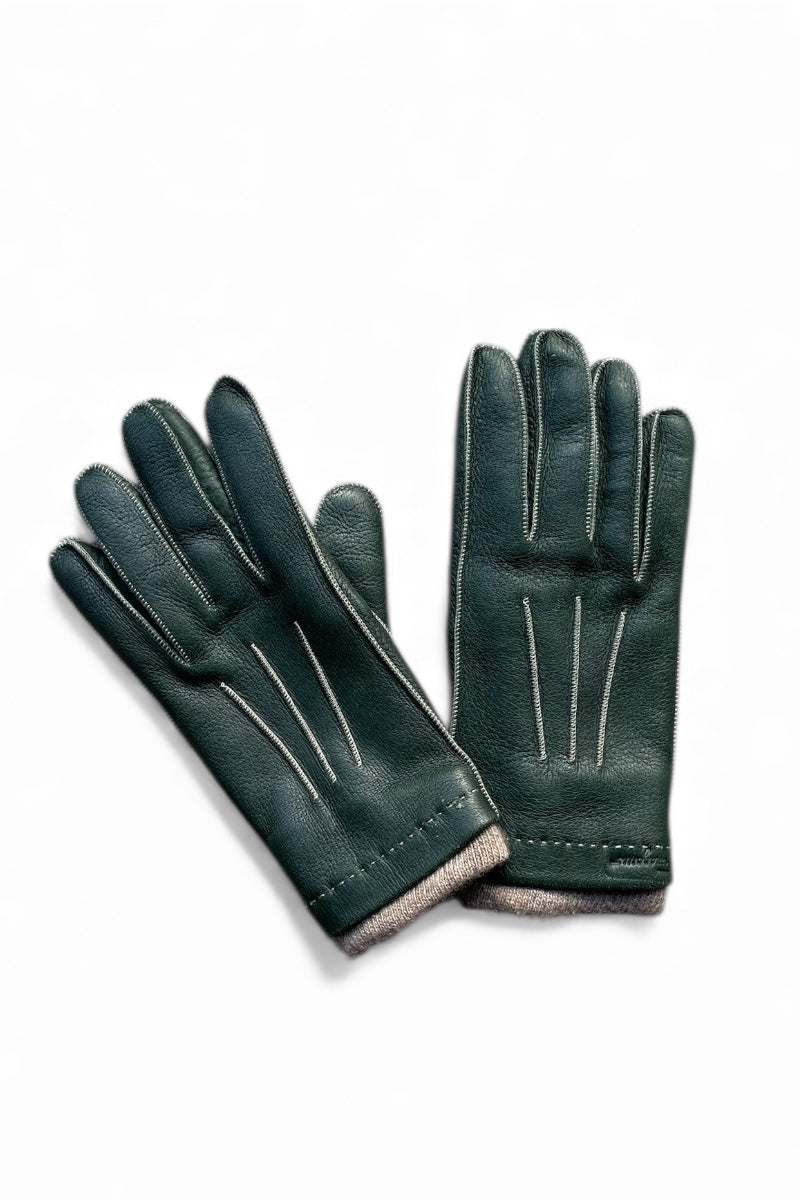 MADE IN ITALY DEER SKIN LEATHER GLOVE W/CASHMERE LINING / GREEN [SIZE: ONE SIZE USED]