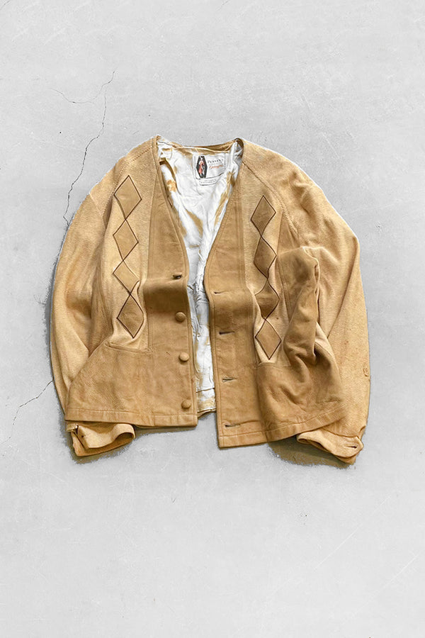 60s SUEDE KNIT CARDIGAN / BEIGE [SIZE: M equivalent USED]