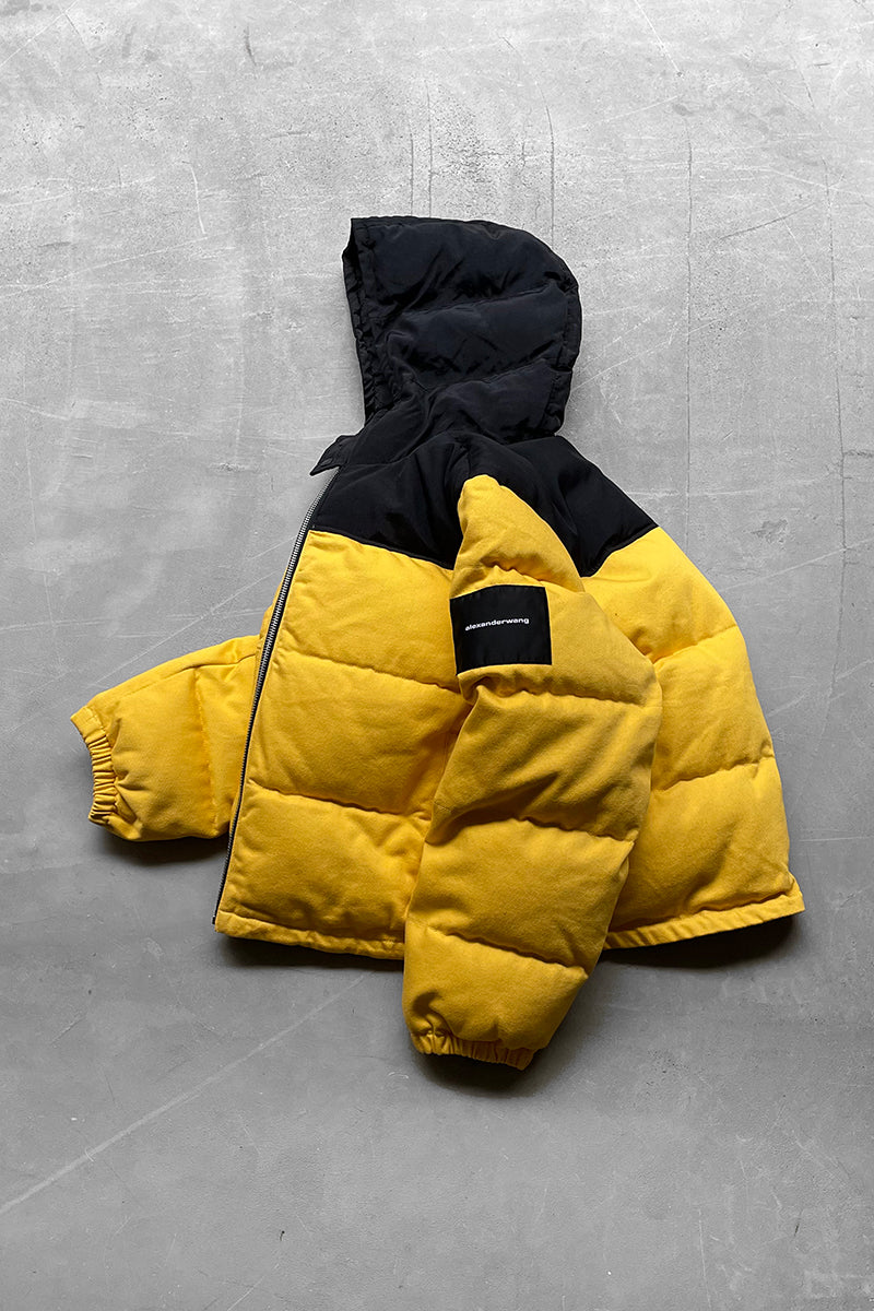 COTTON TWILL HOODIE PUFF JACKET / YELLOW	[SIZE: L USED]