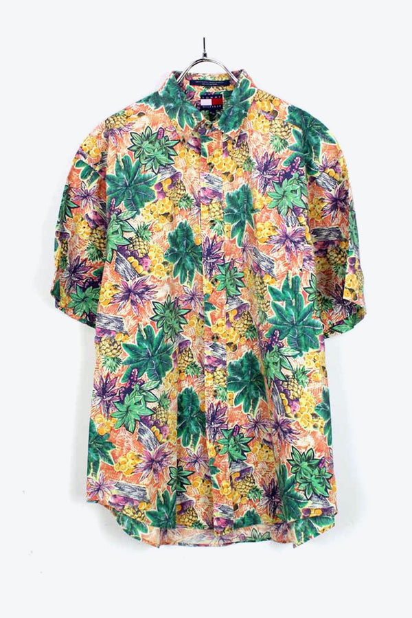 90'S S/S BD COTTON HAWAIIAN SHIRT / YELLOW/GREEN【SIZE:M USED】