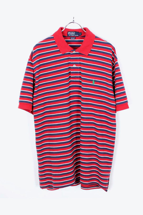 S/S BORDER POLO SHIRT / NAVY/RED【SIZE:L USED】