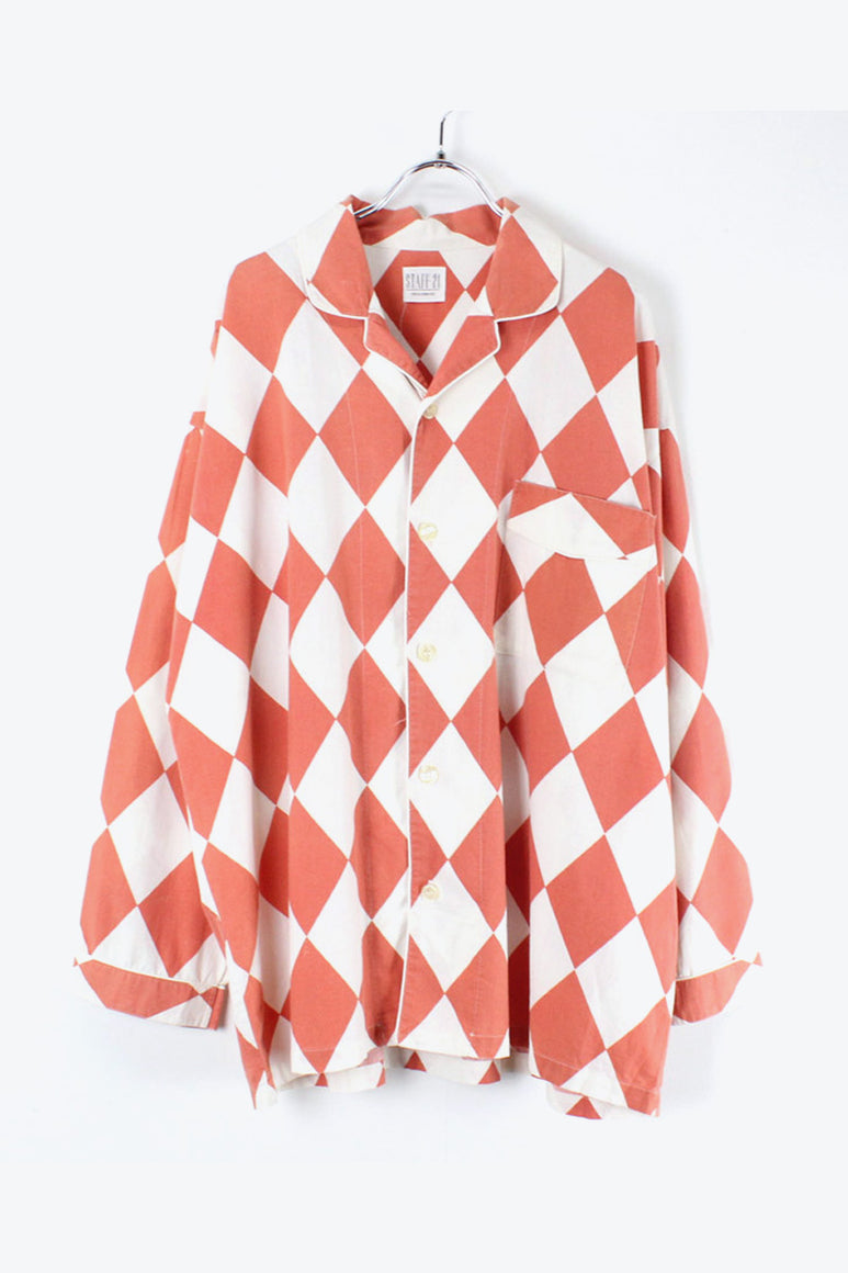 90'S L/S OPEN COLLAR PATTERN PAJAMA SHIRT / PINK/WHITE [SIZE: M相当 USED]