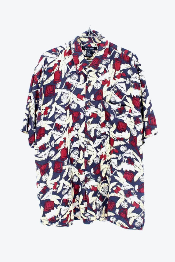 S/S SILK SHIRT / NAVY/RED【SIZE:L USED】