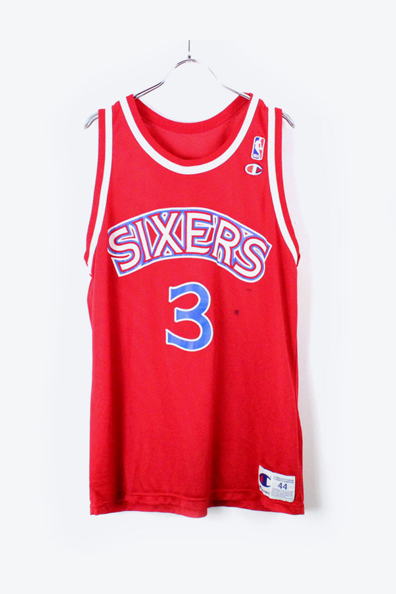 MADE IN USA 90'S SIXERS IVERSON GAME SHIRT / RED [SIZE:44(XL相当) USED]