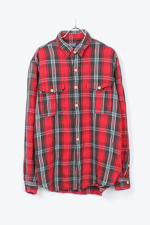 90'S L/S COTTON CHECK FLANNEL SHIRT / RED CHECK [SIZE: L USED]