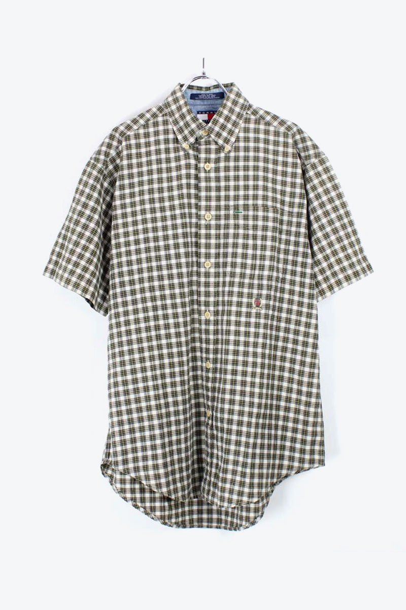 90'S S/S BD CHECK SHIRT / GREEN/WHITE【SIZE:S USED】