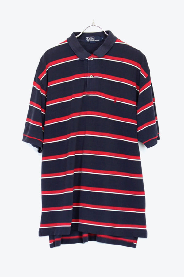 S/S BORDER POLO SHIRT / NAVY/RED【SIZE:L USED】