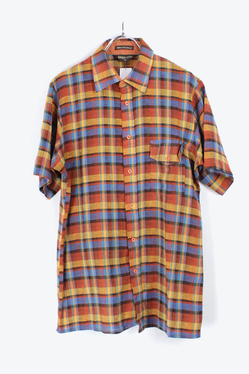 90'S S/S CHECK SHIRT / BROWN/BLUE【SIZE:M相当 USED】