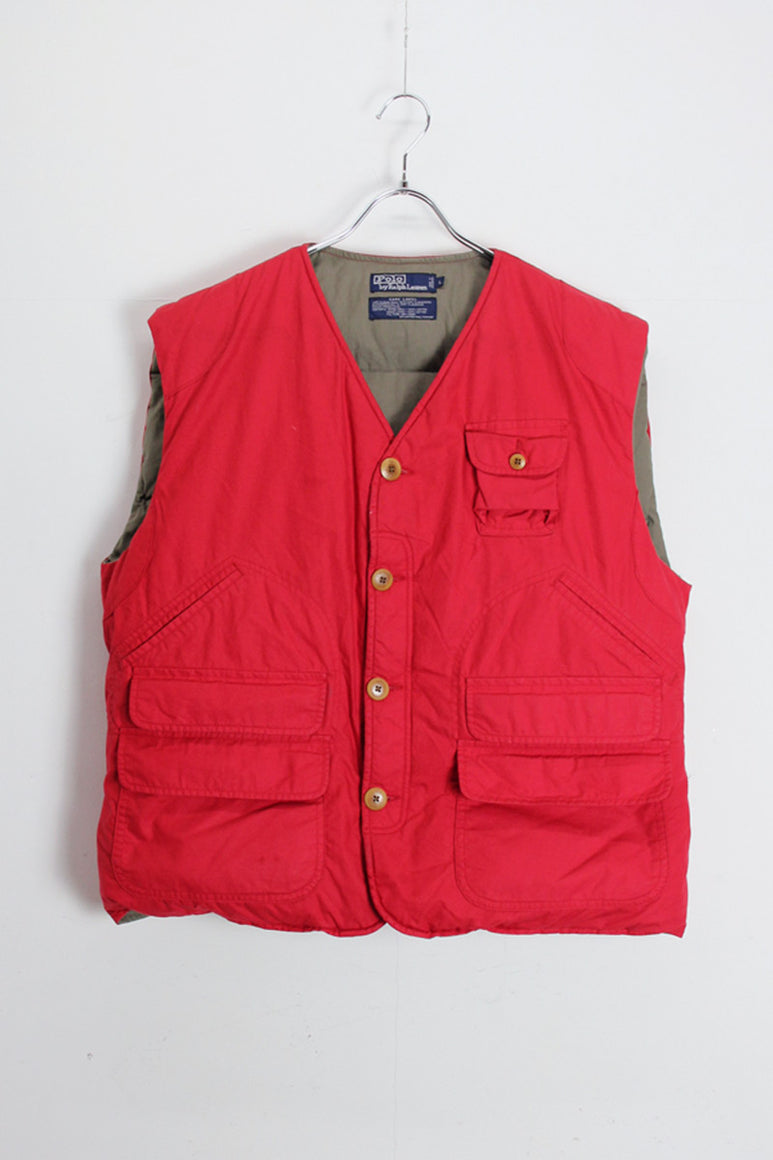 90'S HUNTING COTTON SHELL DOWN VEST / RED [SIZE: L USED]