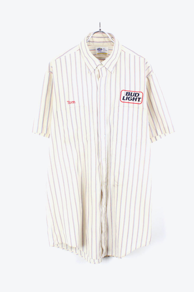 90'S S/S BD BUD LIGHT STRIPE SHIRT / OFF WHITE【SIZE:L相当 USED】