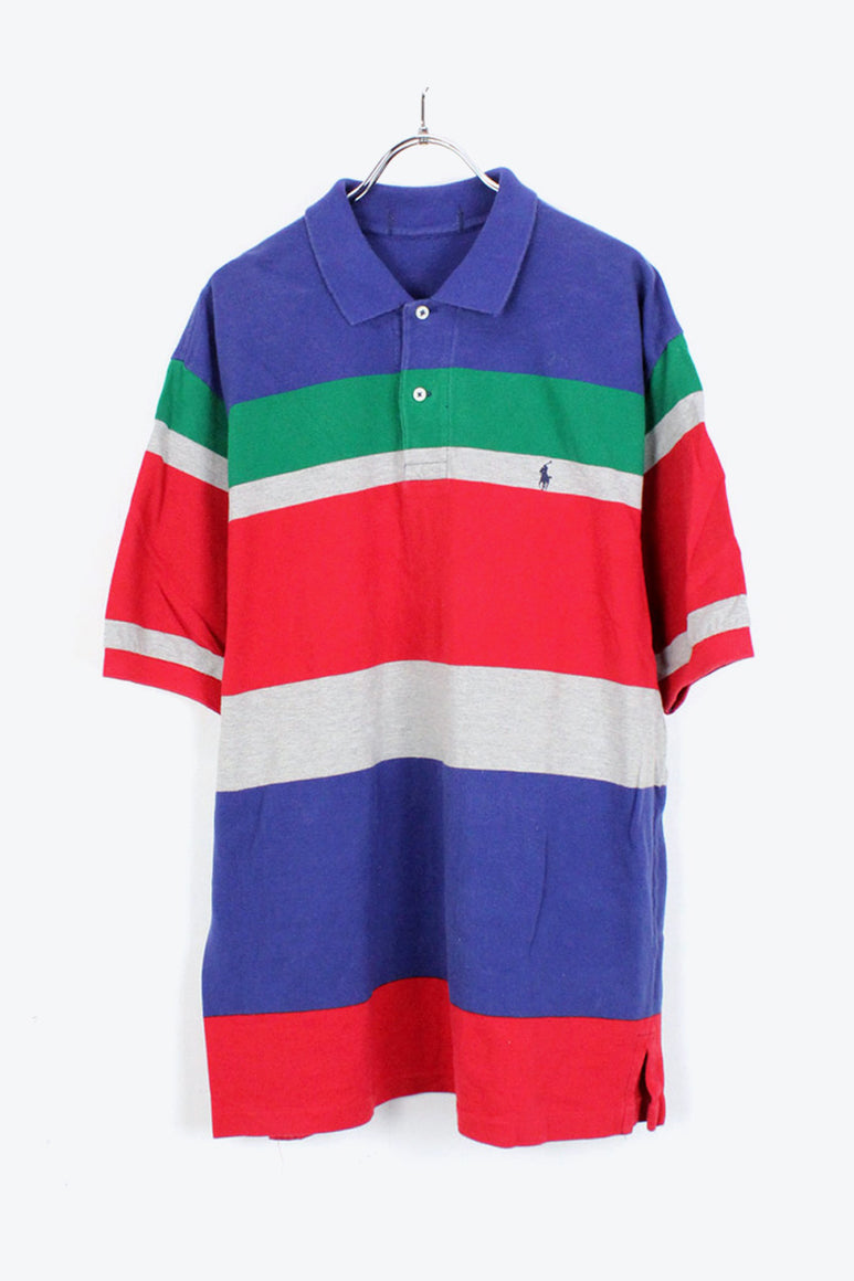 90'S S/S BORDER POLO SHIRT / BLUE/RED/GREEN【SIZE:L相当 USED】