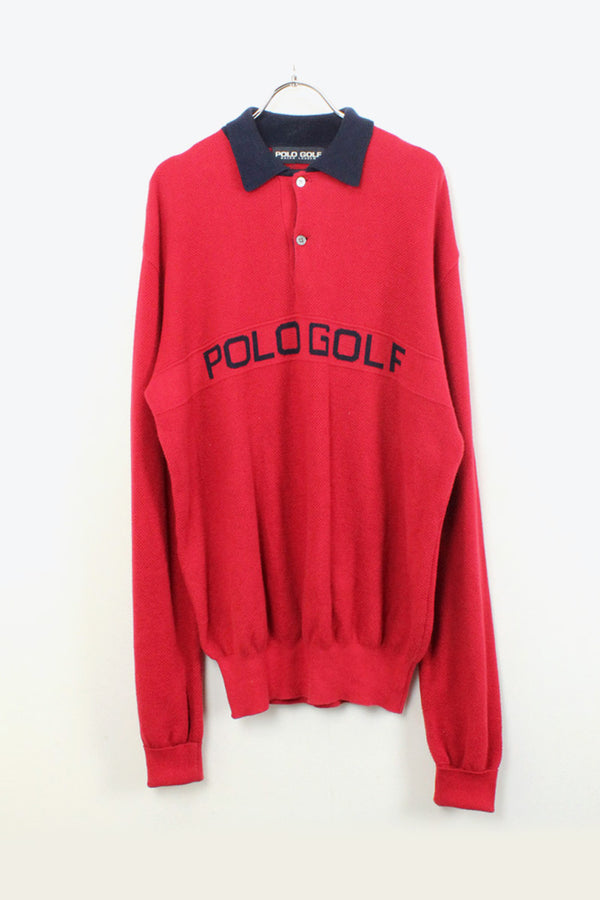 90'S L/S COTTON KNIT POLO SHIRT / RED NAVY [SIZE: M USED]