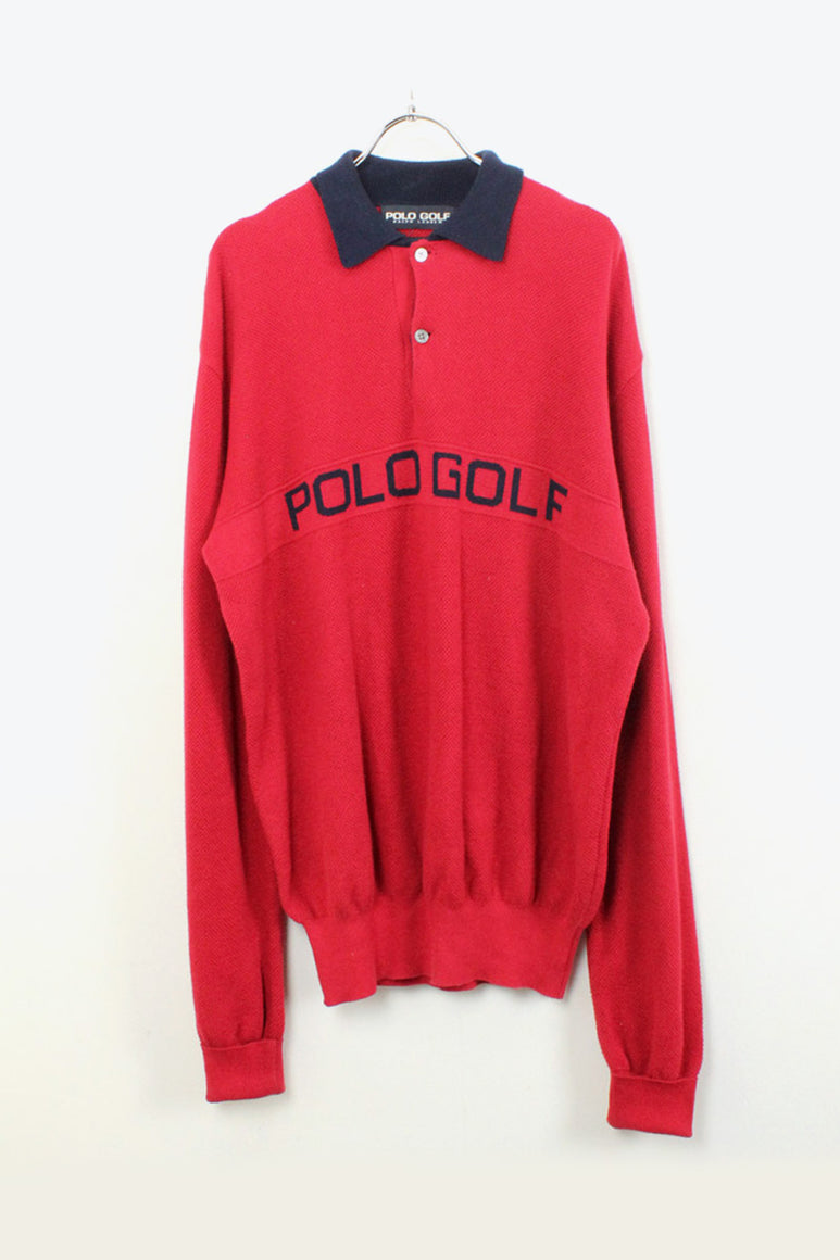90'S L/S COTTON KNIT POLO SHIRT / RED NAVY [SIZE: M USED]