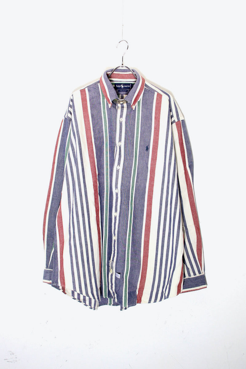 90'S L/S B.D STRIPE SHIRT / BLUE / MULTI [SIZE: XL DEADSTOCK/NOS]