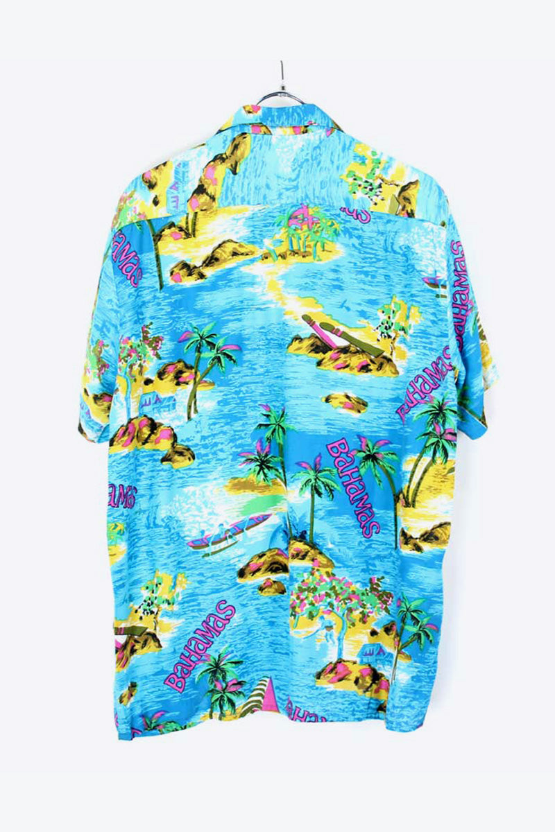90'S S/S RAYON HAWAIIAN SHIRT / BLUE【SIZE:M USED】