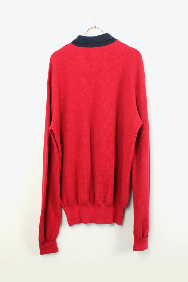 90'S L/S COTTON KNIT POLO SHIRT / RED NAVY [SIZE: M USED]