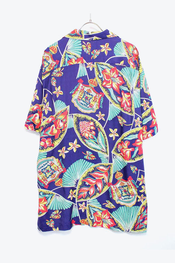 MADE IN HAWAII S/S OPEN COLLAR HAWAIIAN SHIRT / NAVY【SIZE:L USED】
