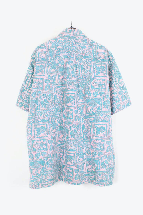 MADE IN HAWAII 90'S S/S PULLOVER PATTERN SHIRT / BLUE/PINK【SIZE:L相当 USED】
