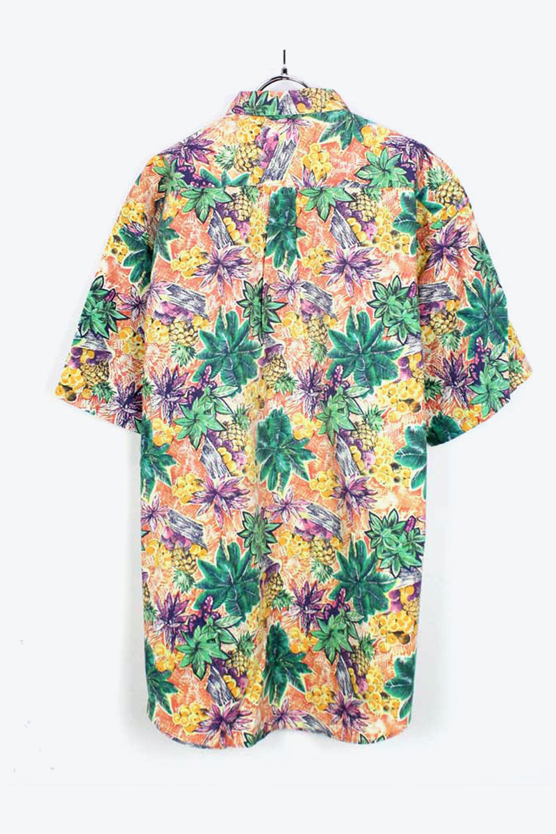 90'S S/S BD COTTON HAWAIIAN SHIRT / YELLOW/GREEN【SIZE:M USED】